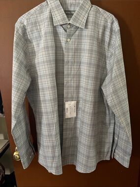 Michael Kors Men's Light Blue and Gray Plaid Dress Shirt